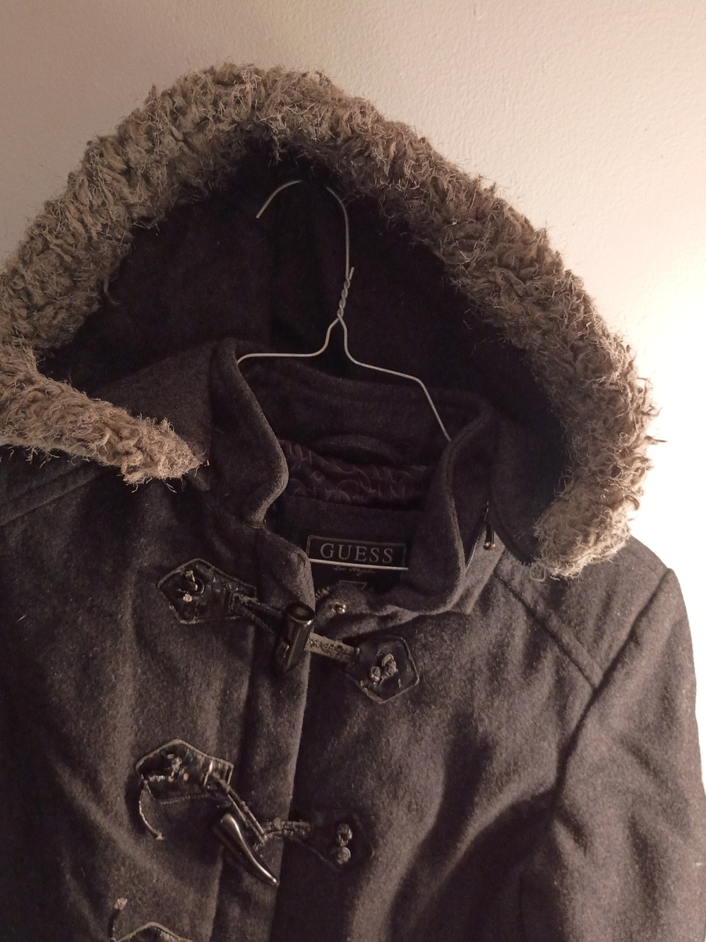 Guess Charcoal Hooded Toggle Coat with Taupe Faux Fur Trim